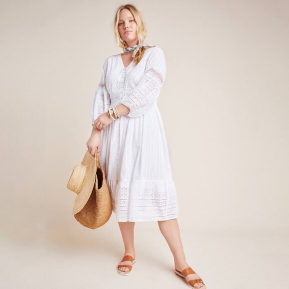 ANTHROPOLOGIE Ebba White Eyelet Midi Peasant Dress with Button Front - Picture 2 of 10